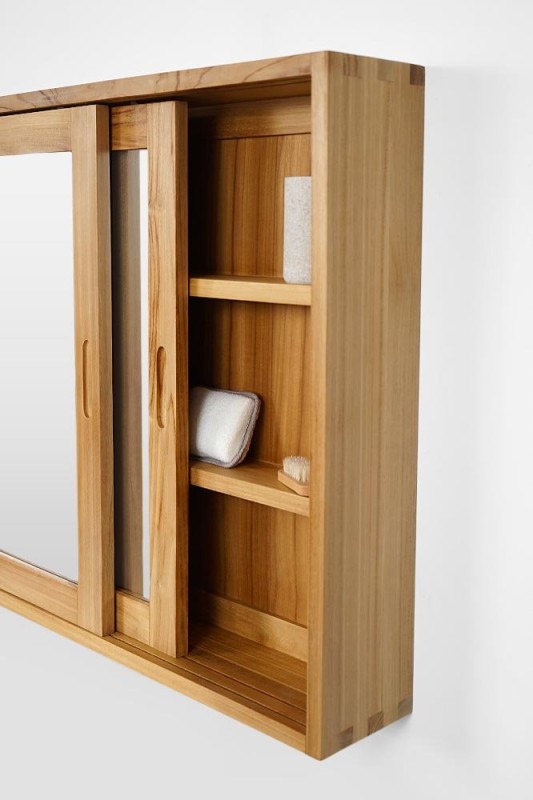 Armoire salle de bain 80cm teck massif portes coulissantes avec miroir