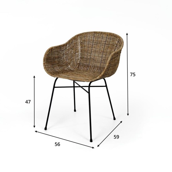Chaise en rottin avec acccoudoir et pieds en metal noir - Sara