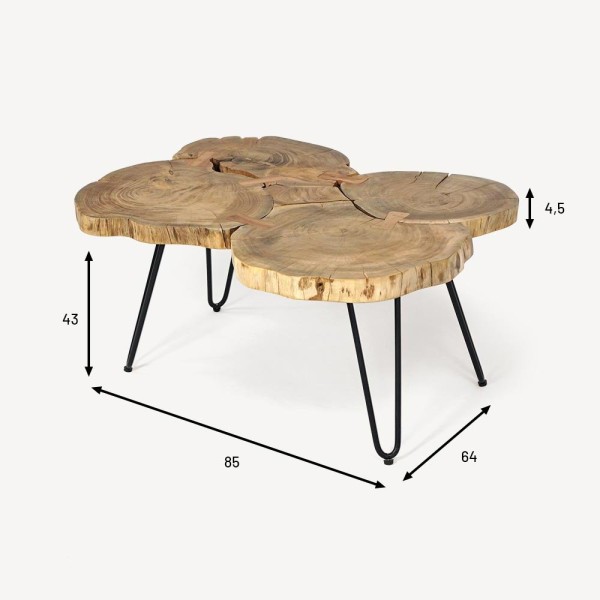 Table basse en tronc d'accacia et pieds en métal